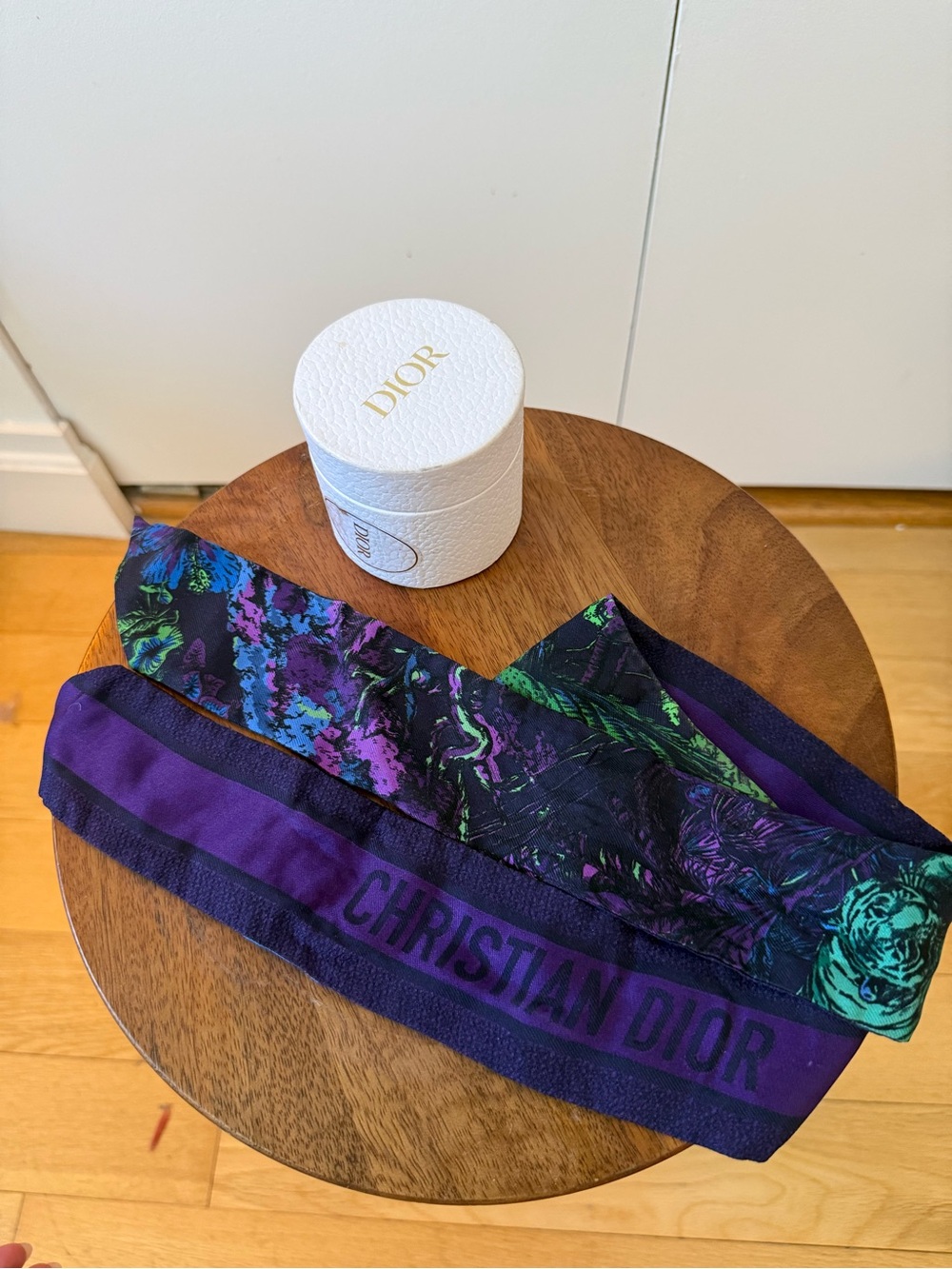 Dior Purple Green Black Floral Silk Twilly Scarf